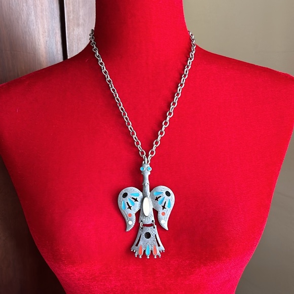 Vintage Pewter Enameled Thunderbird Necklace - Picture 6 of 6